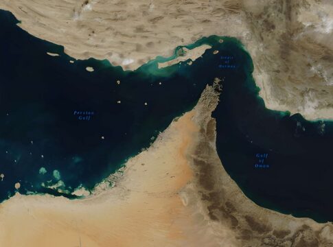 Satellite view of the Strait of Hormuz and surrounding coastlines