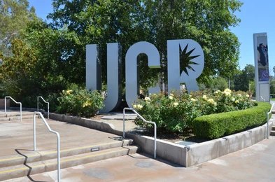 UCR sign sculpture by landscaped flower beds and trees