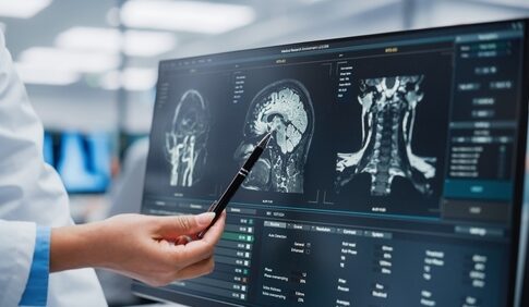 Healthcare professional analyzing MRI scans on a computer screen