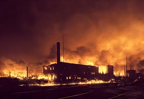 A large industrial building engulfed in flames at night