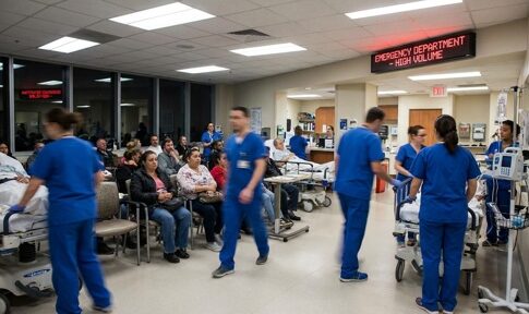Busy emergency department with healthcare workers attending to patients